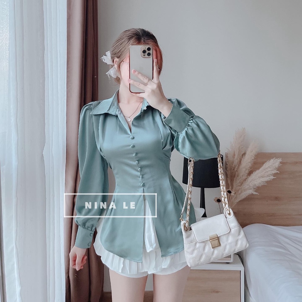 Áo sơ mi lụa nữ xẻ tà thắt nơ lung cúc ngọc sơ mi kiểu nữ cao cấp