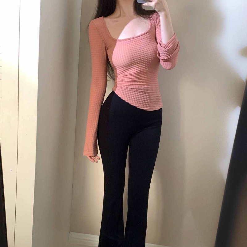 Áo thun COZOKC tay dài cổ vuông ôm eo thời trang dành cho nữ