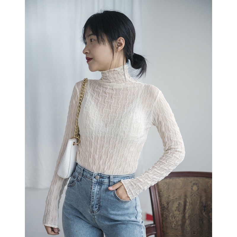 Áo voan cổ lọ 3 phân tay dài cổ điển