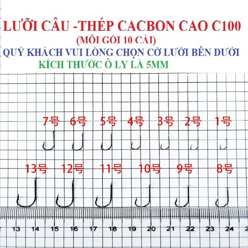 Lưỡi câu làm bằng thép carbon cao CC100 , lưỡi câu đen vuông có ngạnh, mỗi gói 10 lưỡi - số 1 đến số 13