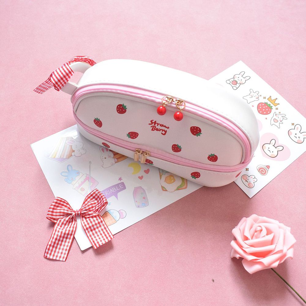 Túi đựng bút da pu dày hai lớp in hình trái dâu tây/cherry nhiều màu tùy chọn kawaii sức chứa lớn dành cho học sinh