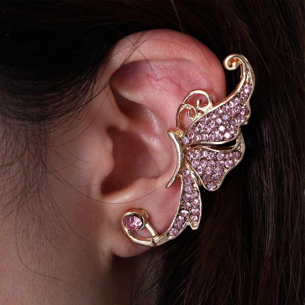 Khuyên kẹp vành tai/ Đôi bông tai dạng xỏ phối kẹp họa tiết hoa bướm đính đá phong cách punk thời trang cho nữ