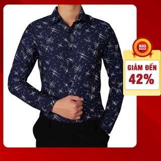 Áo somi màu xanh đậm tay dài được thiết kế theo phong cách áo sơ mi họa tiết công sở với chất vải cotton cao cấp