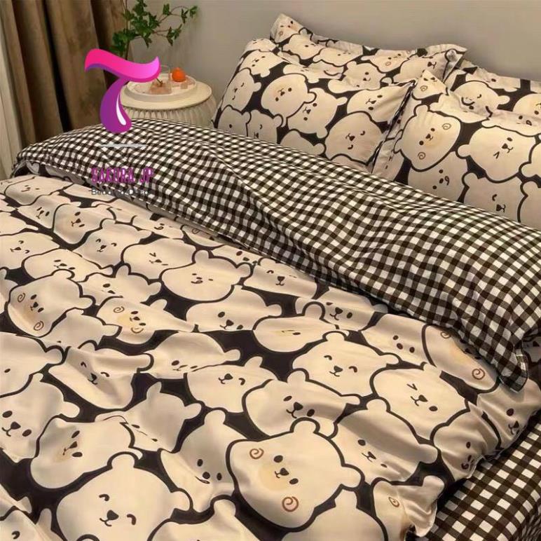 HÀNG MỚI- Bộ Chăn Ga Gối Đệm Poly Coton Đũi Hàn Quốc Gấu Béo -BST Chăn Ga Gối Poly