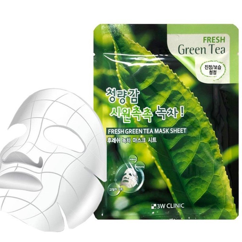 BỘ 10 MIẾNG ĐẮP MẶT NẠ HÀN QUỐC 3W CLINIC FRESH GREEN TEA MASK SHEET 23G TRÀ XANH DƯỠNG TRẮNG, GIẢM MỤN