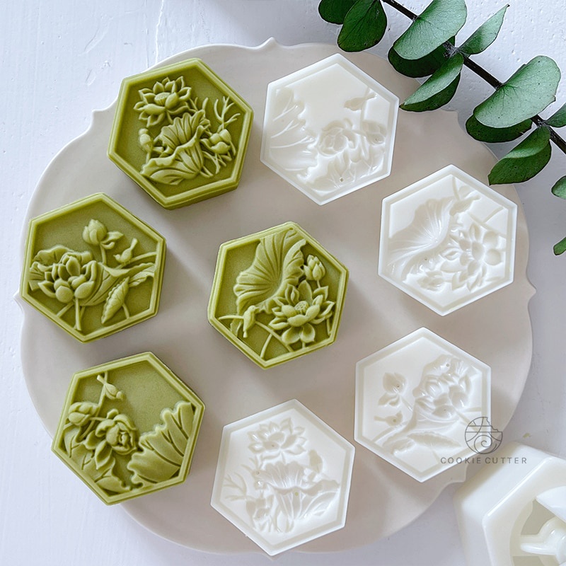 4 Cái / bộ 50g Hình Lục Giác Hoa Trung Quốc Khuôn Bánh Trung Thu Cho Trung Thu Lễ Hội 3D Hoa Sen Hình Khuôn Nướng Bánh Áp Lực Tay