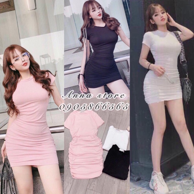 Váy nữ đầm body ôm cộc tay cổ tròn rúm sườn - Váy ôm sang chảnh Annastore ( CÓ VIDEO FEEDBACK)