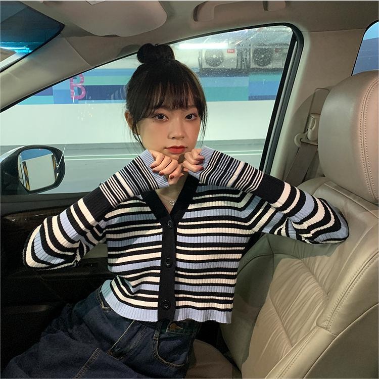 ZHELIHANGFEI Áo Cardigan Dệt Kim Tay Dài Dáng Ôm Eo Cao Kẻ Sọc Dễ Phối Đồ