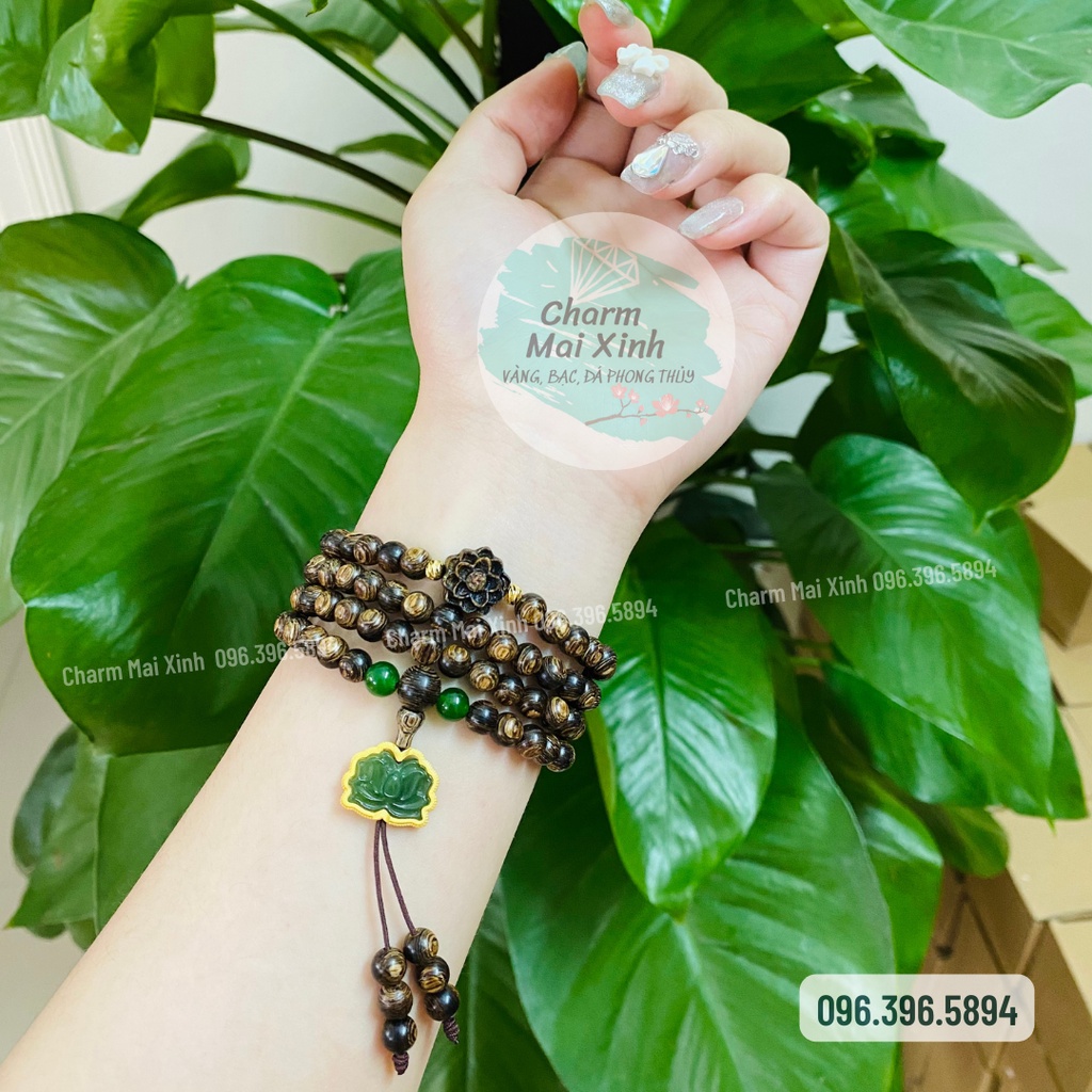 Chuỗi Trầm Hương Sánh chìm 108 hạt phối Hoa Sen và Búp Sen Ngo.c Bích bọc Bạc 925 - Vòng Tay Gỗ tự nhiên Nữ phong thuỷ