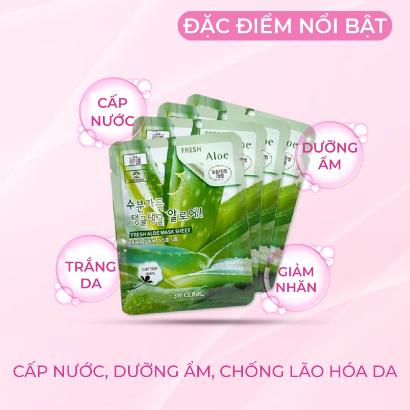 Mặt nạ giấy dưỡng ẩm trắng da chiết xuất từ Lô Hội 3W Clinic Hàn Quốc Lẻ Miếng 23ml