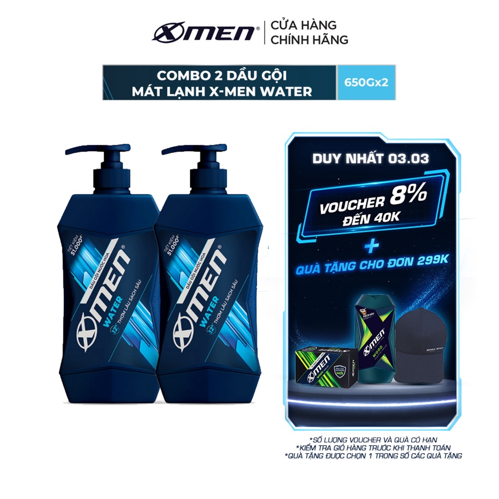 Combo 2 Dầu Gội X-Men Mát Lạnh Water 650g/chai