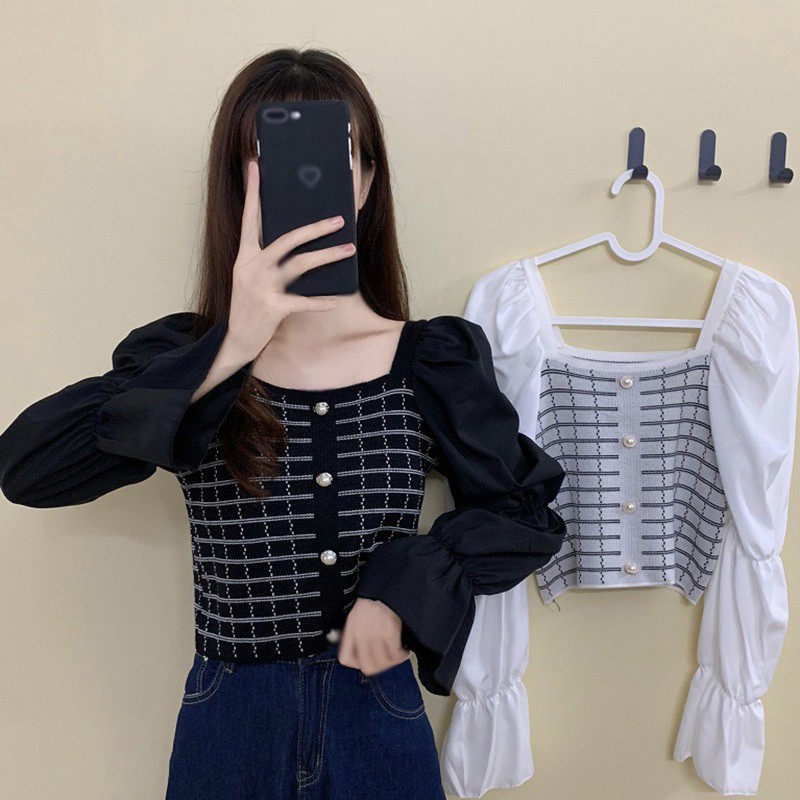 Áo Kiểu Nữ Ca Rô Dài Tay Cổ Tròn Thời Trang