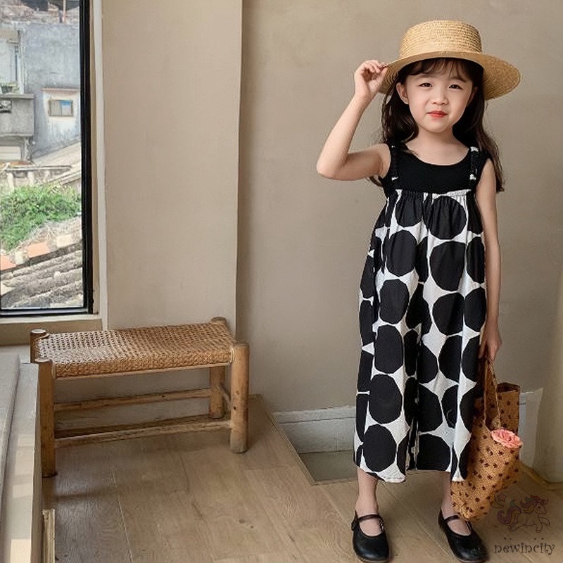 Áo liền quần Sát Nách Ống Rộng Họa Tiết Chấm Bi Thời Trang Mùa Hè Hàn Quốc Cho Bé Gái