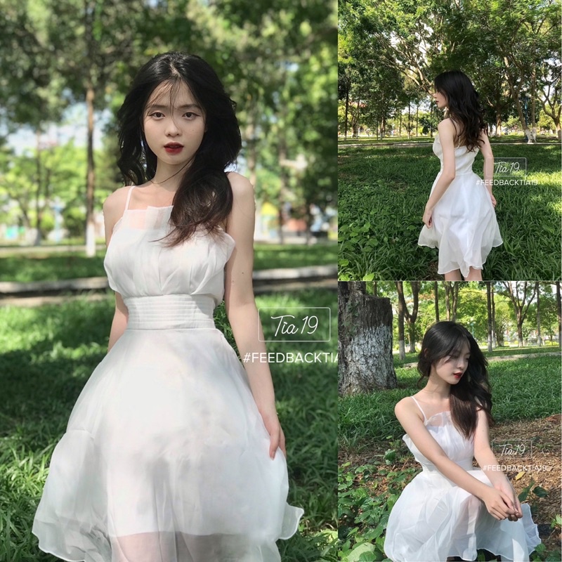 Váy hai dây trắng ly ngực Tia19. Đầm trắng dáng xoè kỷ yếu