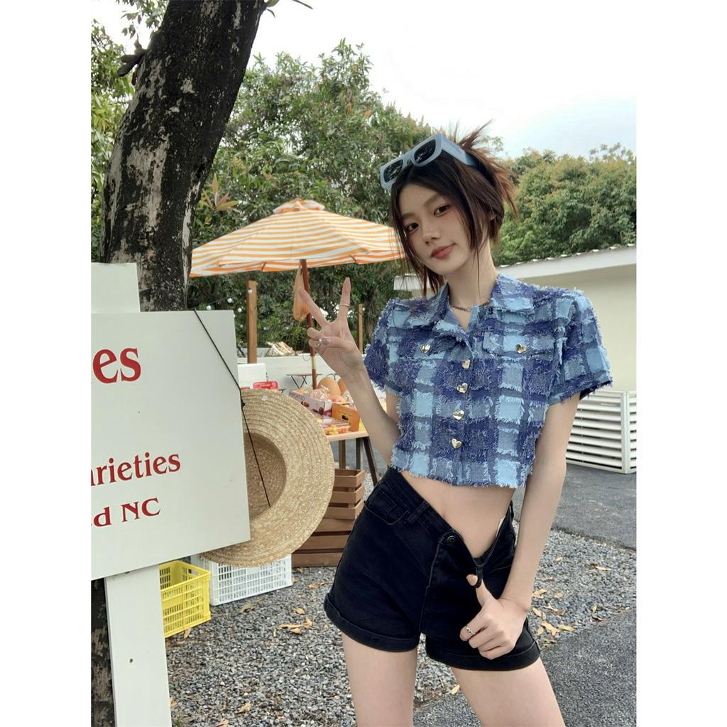 「 WELOVE1 」Áo Sơ Mi Ngắn Tay Cài Nút Hình Trái Tim Phối Màu Tương Phản Xanh Dương Cho Nữ