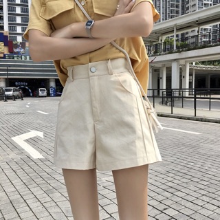 quần short ulzzang quần short nữ lưng cao kaki mềm ống rộng kem vàng