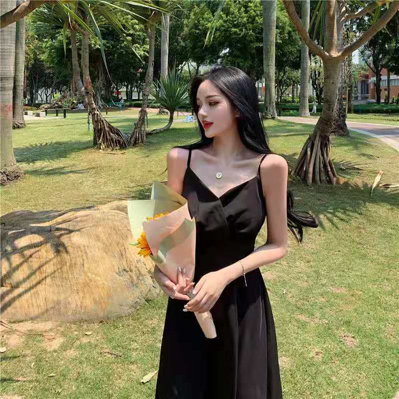 Đầm Hai Dây Dáng Chữ A Eo Cao Màu Đen Thời Trang Mùa Hè Phong Cách Pháp Cho Nữ