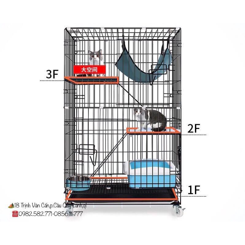 Lồng mèo VÂN ĐÁ gấp gọn, chuồng mèo 3 tầng cao 110cm -Có bánh xe, khay vệ sinh,cầu thang