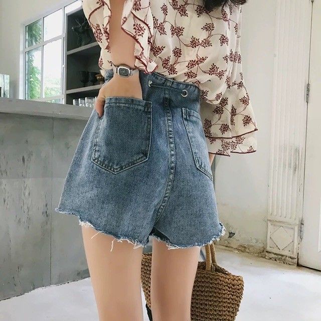 {order} Có bigsize Quần short jeans cạp dập lỗ tròn luôn dây buộc, gấu rách 2019 - Hàng Quảng Châu