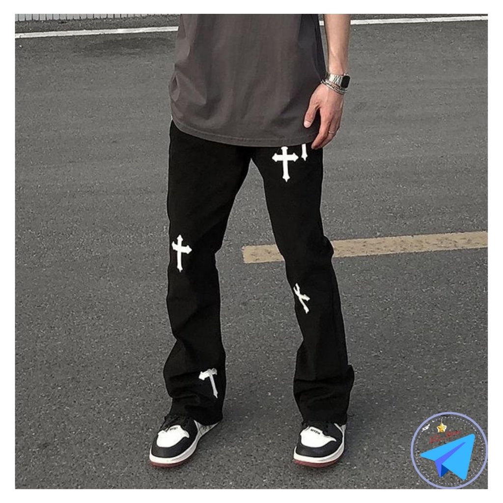 Quần jean nam In hình Thánh giá JiQ_Store, quần baggy ống rộng cao cấp màu Đen – Trắng, phong cách hot trend 2022