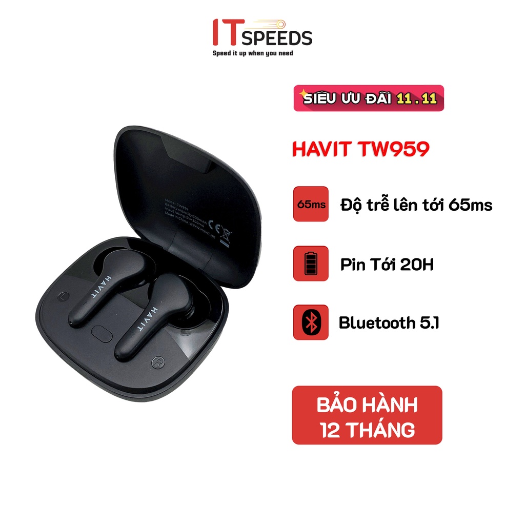 Tai nghe TWS Havit TW959, Bluetooth 5.1, Độ Trễ Lên Tới 65ms, Nghe Độc Lập, Pin Tới 20H, Kháng Nước IPX4- BH 12 Tháng