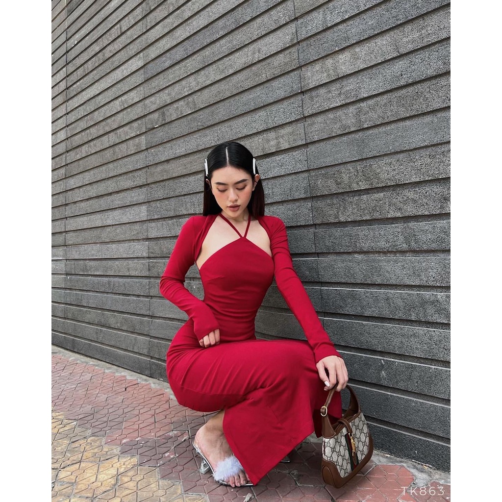 Đầm nữ midi dáng ôm body cổ yếm Emilyshop ulzzang