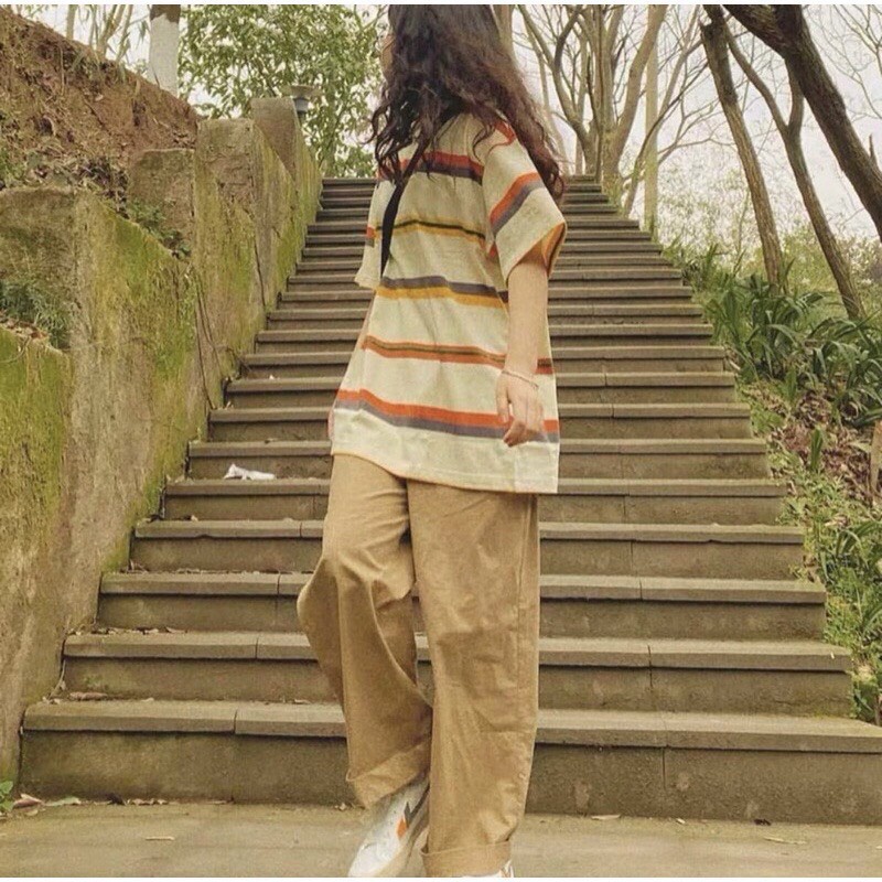 Set áo thun kẻ ngang phối quần dài dáng suông/ Bộ đồ unisex áo phông tay lỡ mix quần kaki nâu style Ulzzang Nanashop