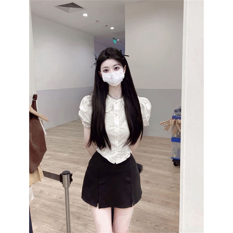 Áo Sơ Mi Tay Ngắn Phồng Cổ Búp Bê Ôm Dáng Phong Cách Hàn Quốc Thời Trang Cho Nữ