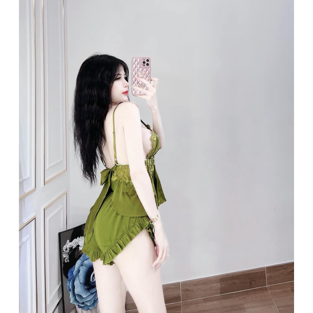 Bộ satin cho nữ mặc ngủ, hàng cao cấp, áo phối ren xẻ tà trước, hai dây cột nơ siêu quyến rũ, gợi cảm