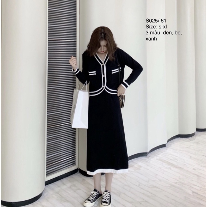 👉 Set Cardigan len mỏng cổ V nút cúc phối sọc viền + chân váy len tăm dáng dài