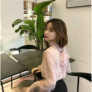 Áo voan kiểu đính ngọc phối nơ