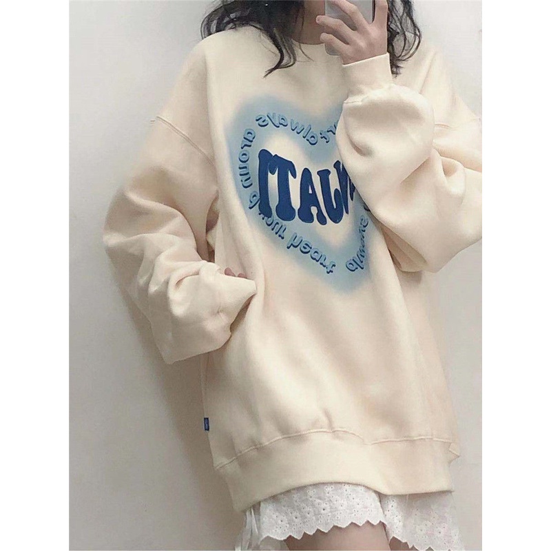 Áo sweater cổ tròn dáng rộng in họa tiết dễ thương thời trang mùa thu cho nữ