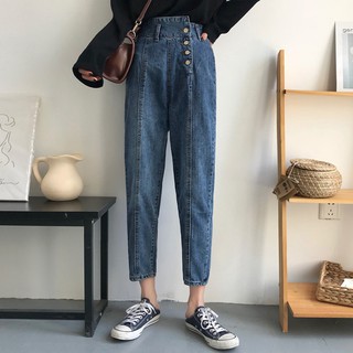 Quần jeans nữ lưng cao dài cá tính hàng 4 nút quần ulzzang màu xanh đậm
