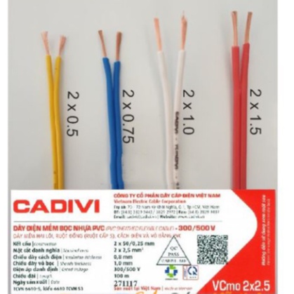 Dây điện, cáp điện đôi mềm Cadivi đủ loại kích thước 2x0,5mm ,2x0,75mm, 2x1mm,2X1.5mm [đơn tối thiểu 30k]