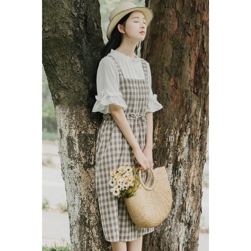 Váy Yếm Kẻ Caro Ulzzang Thắt Nơ Eo Hot Hít