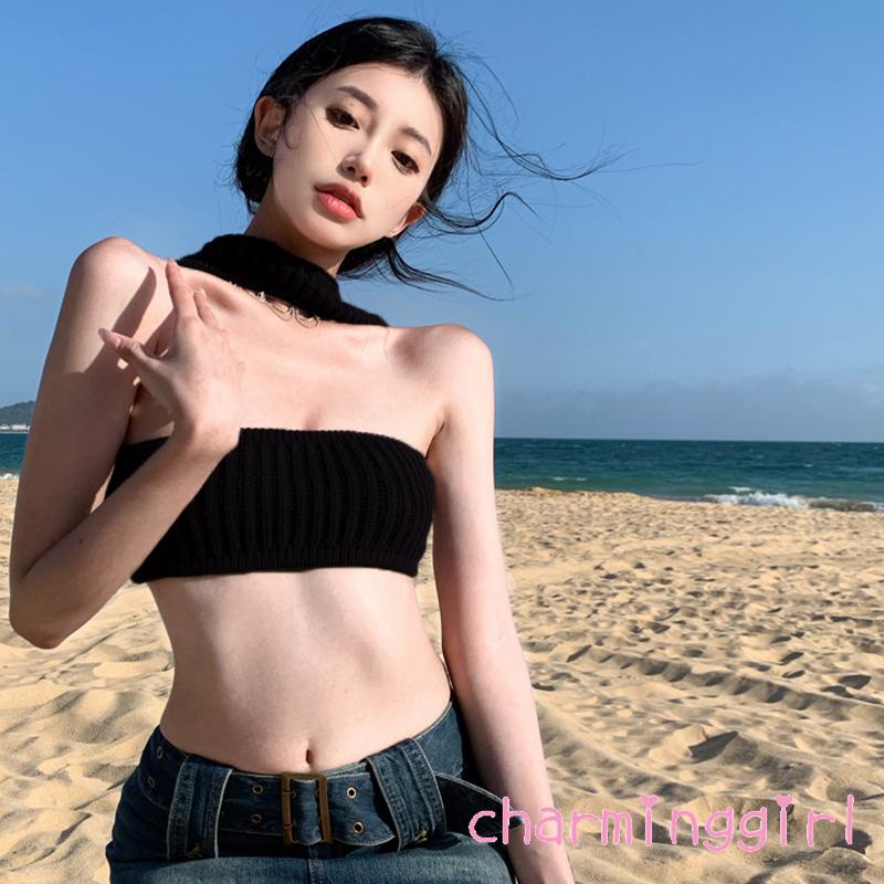 ◕‿◕Áo Croptop Dệt Kim Cổ Yếm Hở Lưng Màu Sắc Trơn Thời Trang Mùa Hè Dành Cho Nữ