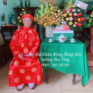 Áo Dài Mừng Thọ Ông Bà Gấm Thọ Thượng Hải (Áo và Khăn Đóng, chưa có Quần ạ)