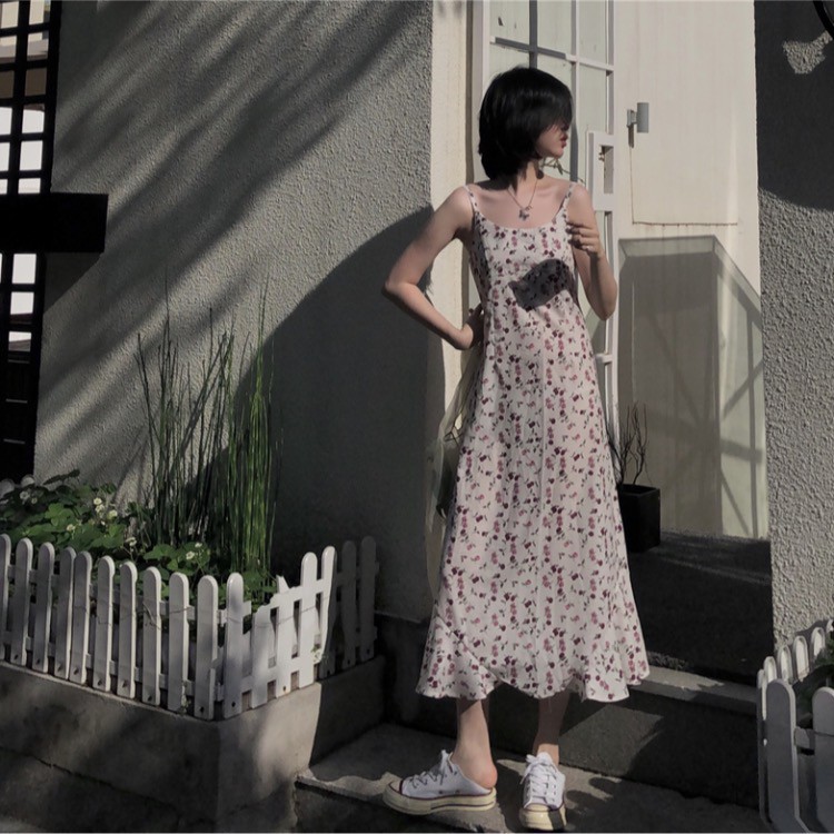 Đầm Voan Hoa Dài Qua Gối Phối Bèo Phong Cách Hàn Quốc Lãng Mạn Cho Nữ