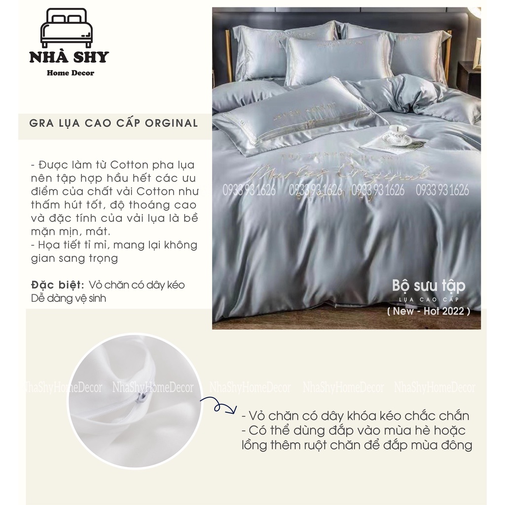 Trọn Bộ Chăn Ga Vỏ Gối Lụa Cotton Cao Cấp Thêu Chữ ORGINAL - Họa Tiết thêu nổi - Màu Sắc Sang Trọng