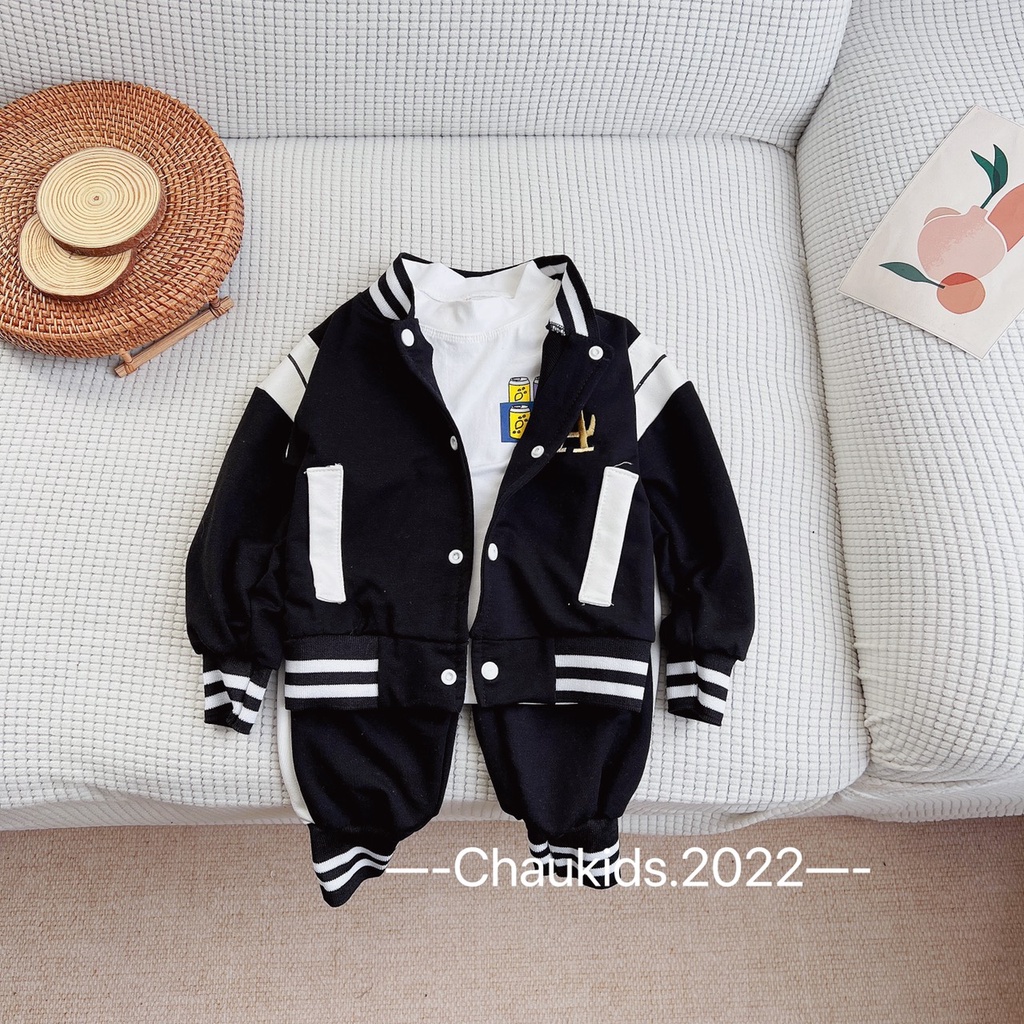 Set Bộ Quần Áo Thu Đông Bé Trai, Áo Khoác Bomber Kèm Quần Sọc Cá Tính Và Áo Cotton Dài Tay Cổ 3 Phân Cho Bé Trai-CKTD21