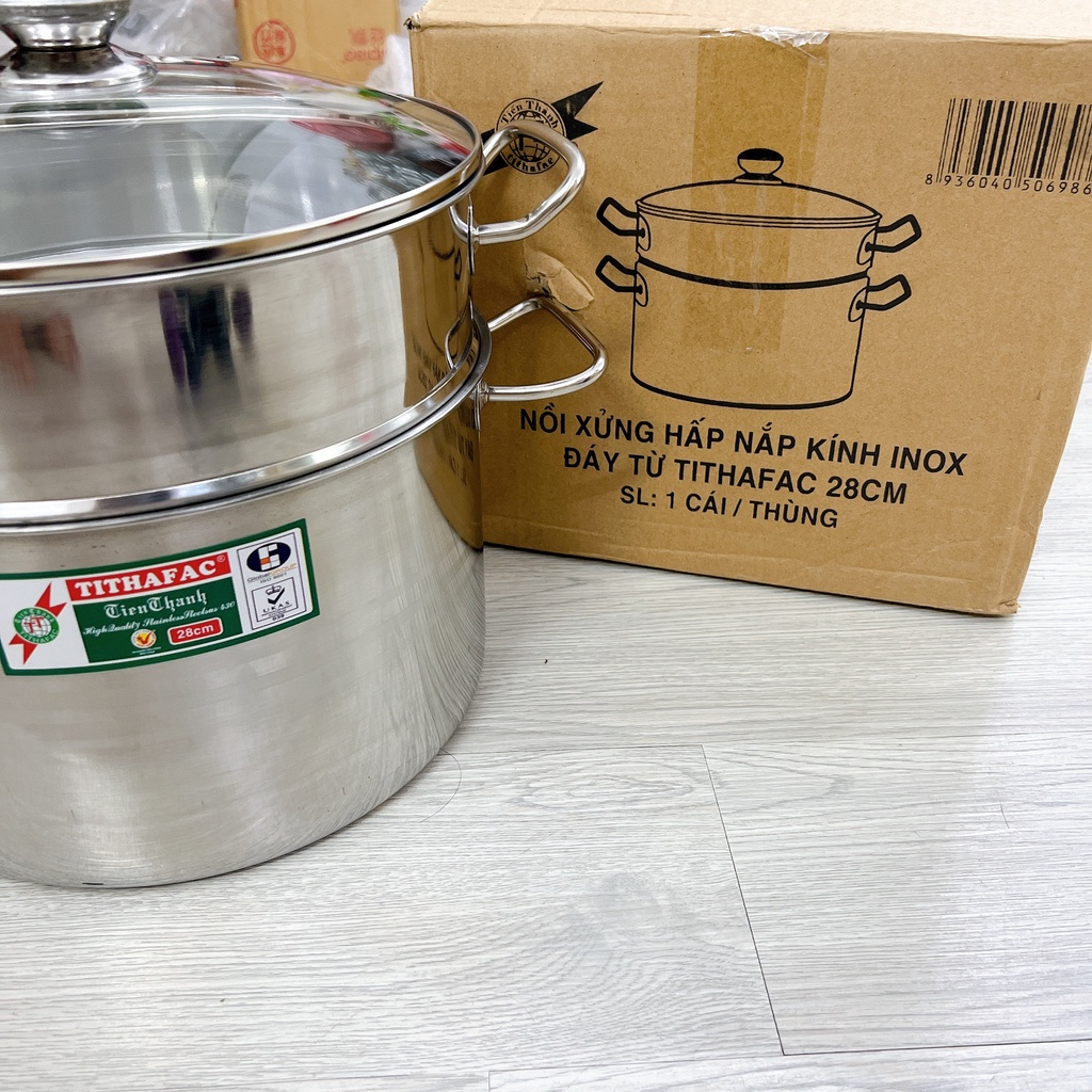 Nồi hấp inox 2 tầng nắp kiếng Tiến Thành dày dặn sử dụng được cả bếp ga và bếp từ tiện lợi sáng bóng