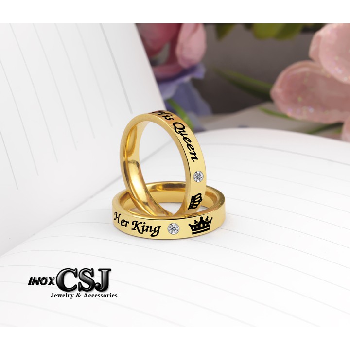 NHẪN CẶP ĐÔI INOX HER KING HIS QUEEN MẠ VÀNG NC072 siêu đẹp - tặng hộp đựng xinh xắn