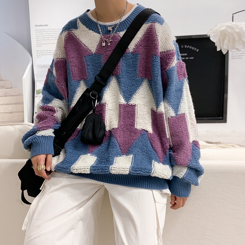 Áo Sweater Cổ Tròn Dáng Rộng Màu Sắc Tương Phản Thời Trang Thu Đông Nhật Bản Cho Nam