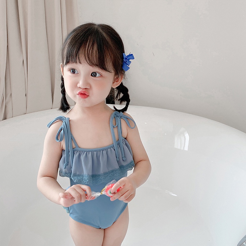 Bộ Đồ Bơi Một Mảnh Hai Dây Màu Trơn Dễ Thương Dành Cho Bé Gái