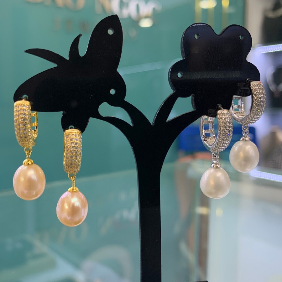 Bông Tai Bạc S925 Xi Vàng Khoen Tròn Gắn Hạt Ngọc Trai Nuôi 8-9mm Sang Trọng B2540 - Bảo Ngọc Jewelry