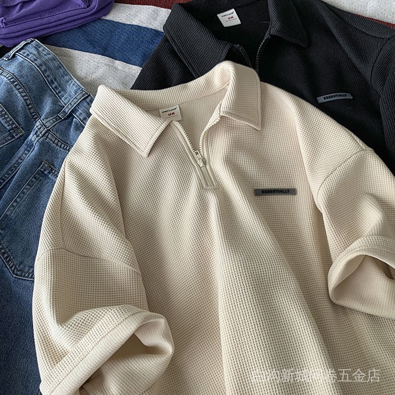 waffle polo shirt short-sleeved T-shirt women's summer zipper lapel ins trendy all-match loose Harajuku BF style top