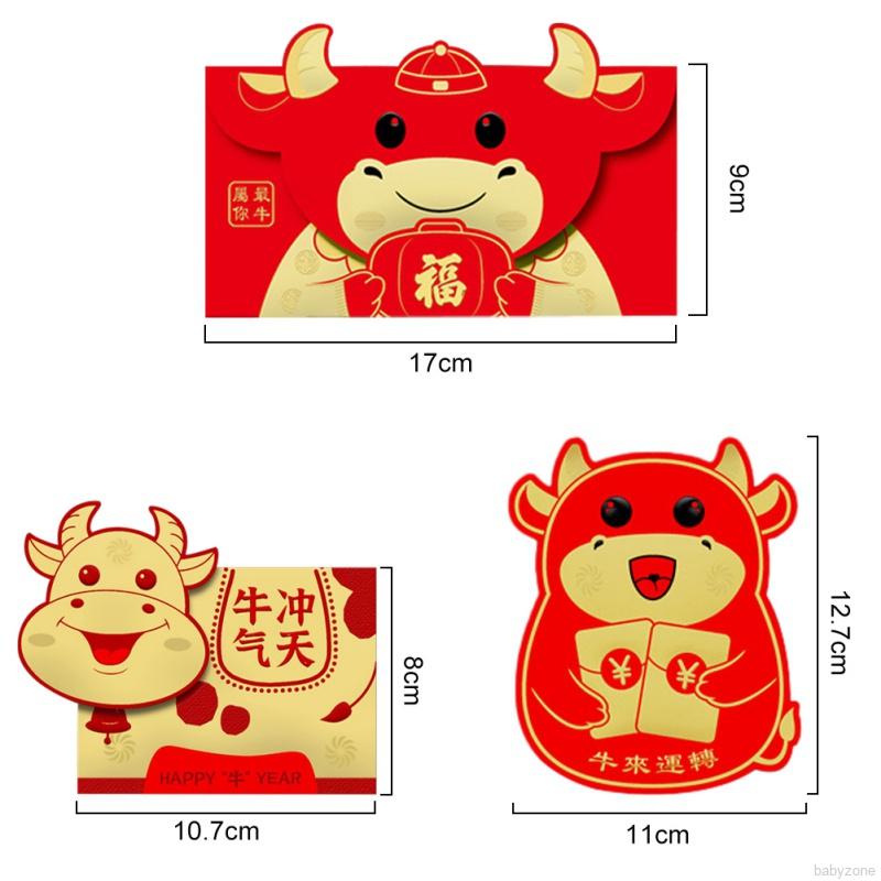 Bộ 6 bao lì xì năm mới màu đỏ họa tiết hoạt hình 3D đáng yêu