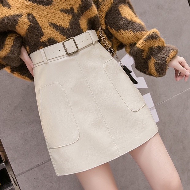 chân váy da chữ a cạp cao 2 túi kèm đai Quảng châu Loại Đẹp