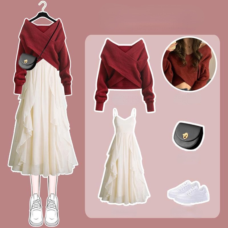 Bộ Áo Sweater + Chân Váy Dệt Kim Thiết Kế Mới Thời Trang Dành Cho Nữ