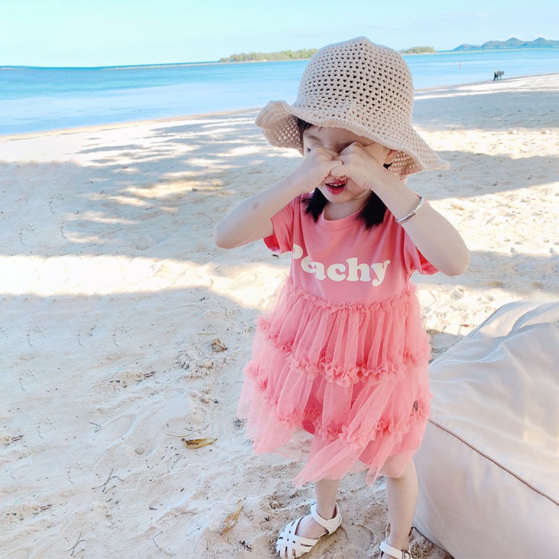 Đầm Công Chúa Tay Phồng Vải Cotton Phối Lưới Màu Trơn Thời Trang Mùa Hè Mới Cho Bé Gái 2021